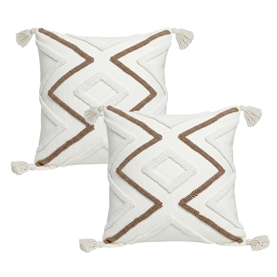 SOGA 2X Boho Tufted Cushion 45cm Tassel White Brown Geometric Decorative Throw Pillow