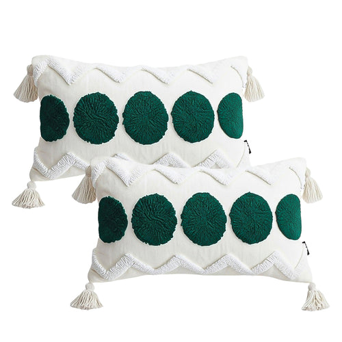 SOGA 2X 30cm Cream Green Circle Pom Chevron Tassel Decorative Pillow