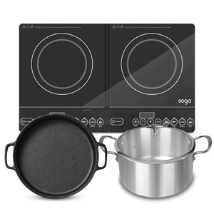 SOGA Dual Burners Cooktop Stove 30cm Cast Iron Frying Pan Skillet and 30cm Induction Casserole