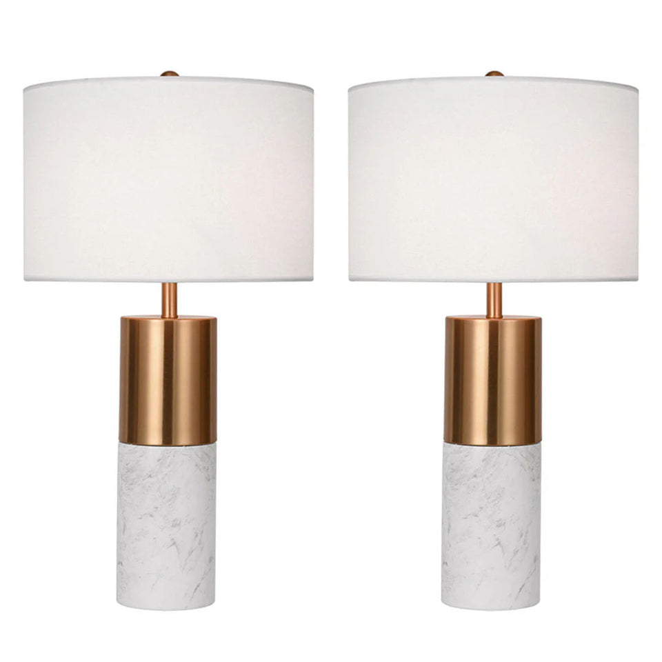 SOGA 2X 60cm White Marble Bedside Modern Desk Table Lamp Living Room Shade with Cylinder Base