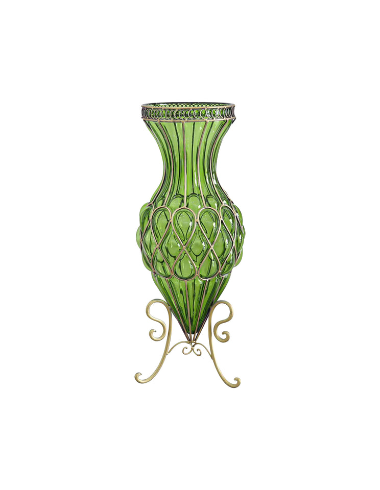 SOGA 67cm Green Glass Tall Floor Vase with Metal Flower Stand