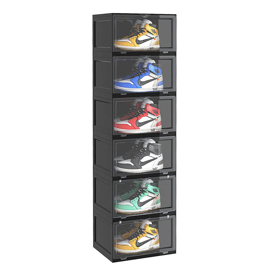 SOGA 6 Tier Black Portable Shoe Organiser Sneaker Footwear Folding Plastic Bin Stackable Storage Box with Magnetic Door