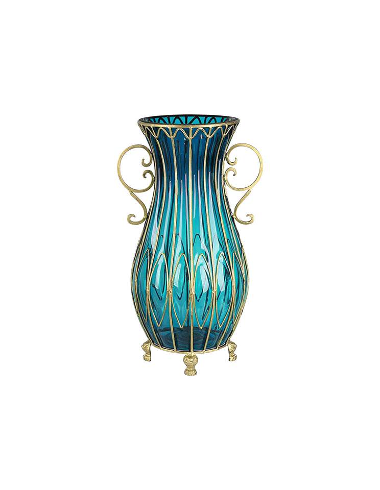 SOGA 51cm Blue Glass Oval Floor Vase with Metal Flower Stand