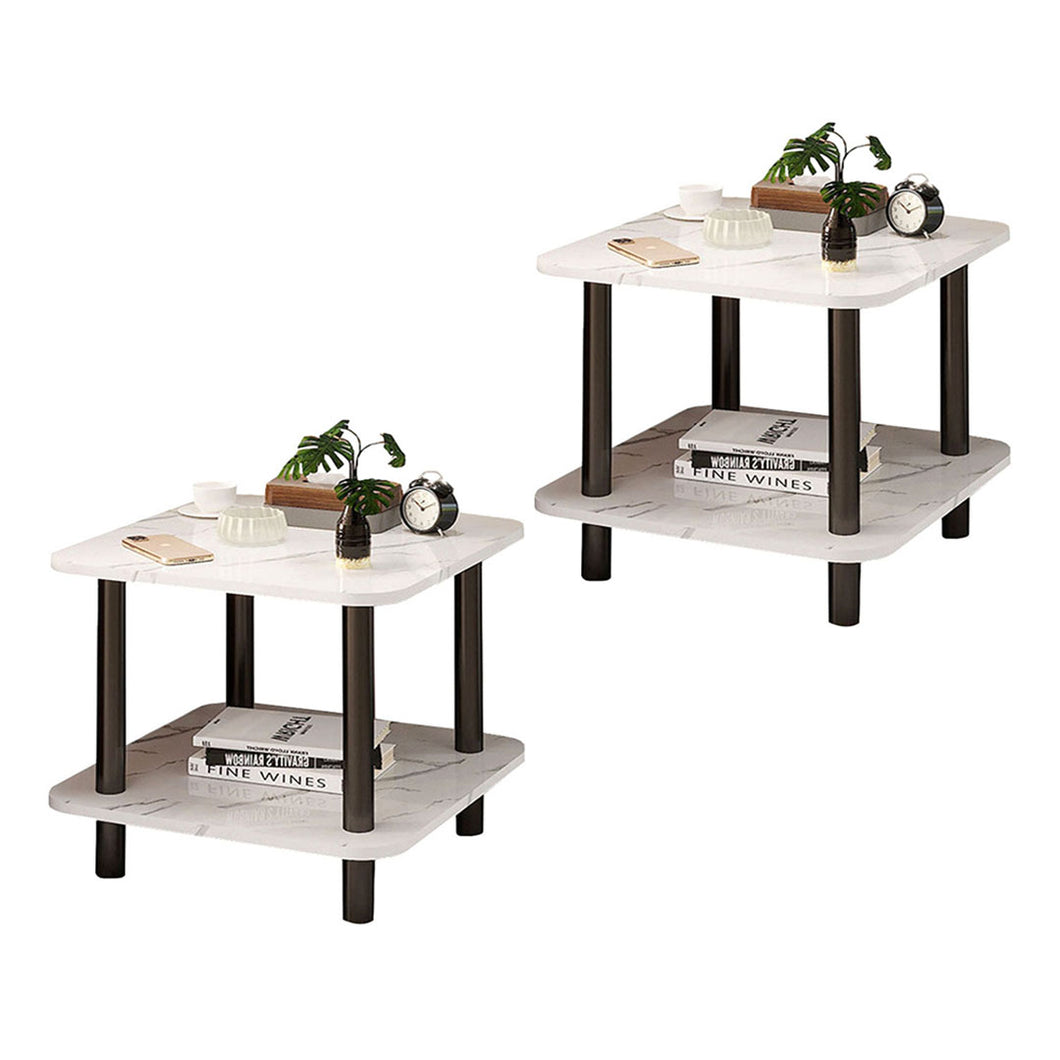 SOGA 2X 70cm White Stone-Patterned Round Tables – Modern Design with Black Metal Legs