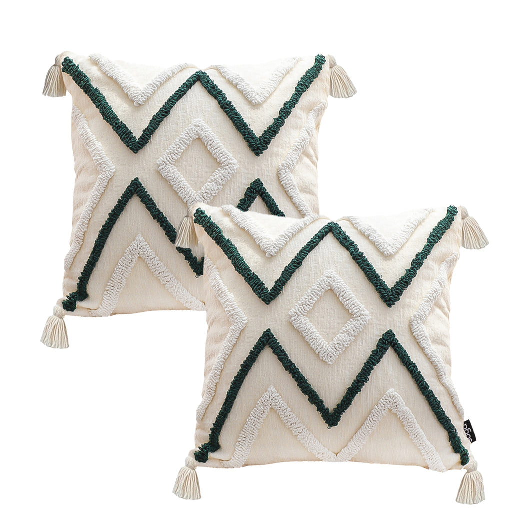 SOGA 2X Boho Tufted Cushion 45cm Tassel Beige Green Geometric Chevron Throw Pillow