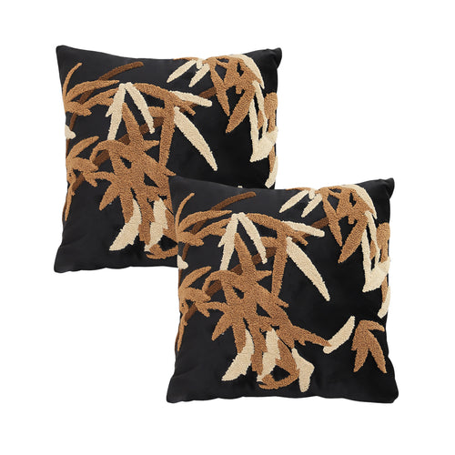 SOGA 2X 45cm Black Brown Bamboo Leaf Botanical Embroidered Throw Pillow