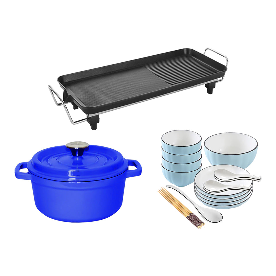 SOGA Kitchenware Bundle – Electric BBQ Teppanyaki Grill, Blue Ceramic Dinnerware & Cast Iron Stewpot