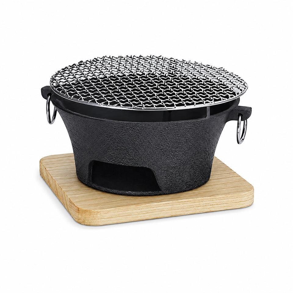 SOGA Large Cast Iron Round Stove Charcoal Table Net Grill Japanese Style BBQ Picnic Camping with Wooden Board