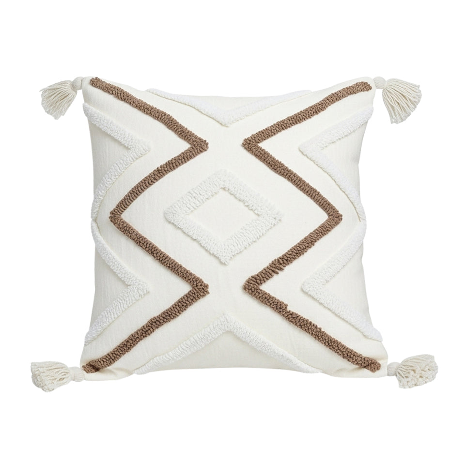 SOGA Boho Tufted Cushion 45cm Tassel White Brown Geometric Decorative Throw Pillow