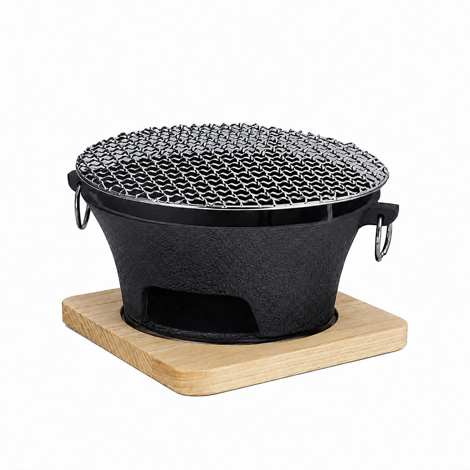 SOGA Medium Cast Iron Round Stove Charcoal Table Net Grill Japanese Style BBQ Picnic Camping with Wooden Board