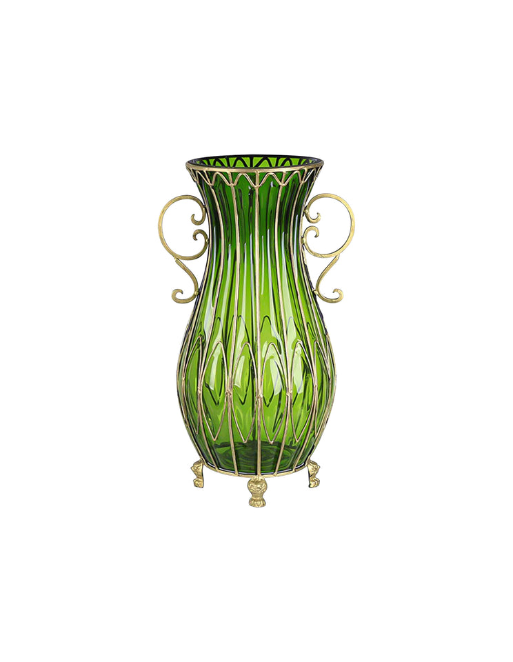 SOGA 51cm Green Glass Oval Floor Vase with Metal Flower Stand