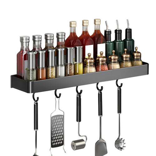 SOGA 42cm Black Wall-Mounted Rectangular Kitchen Spice Storage Organiser Space Saving Condiments Shelf Rack with Hooks