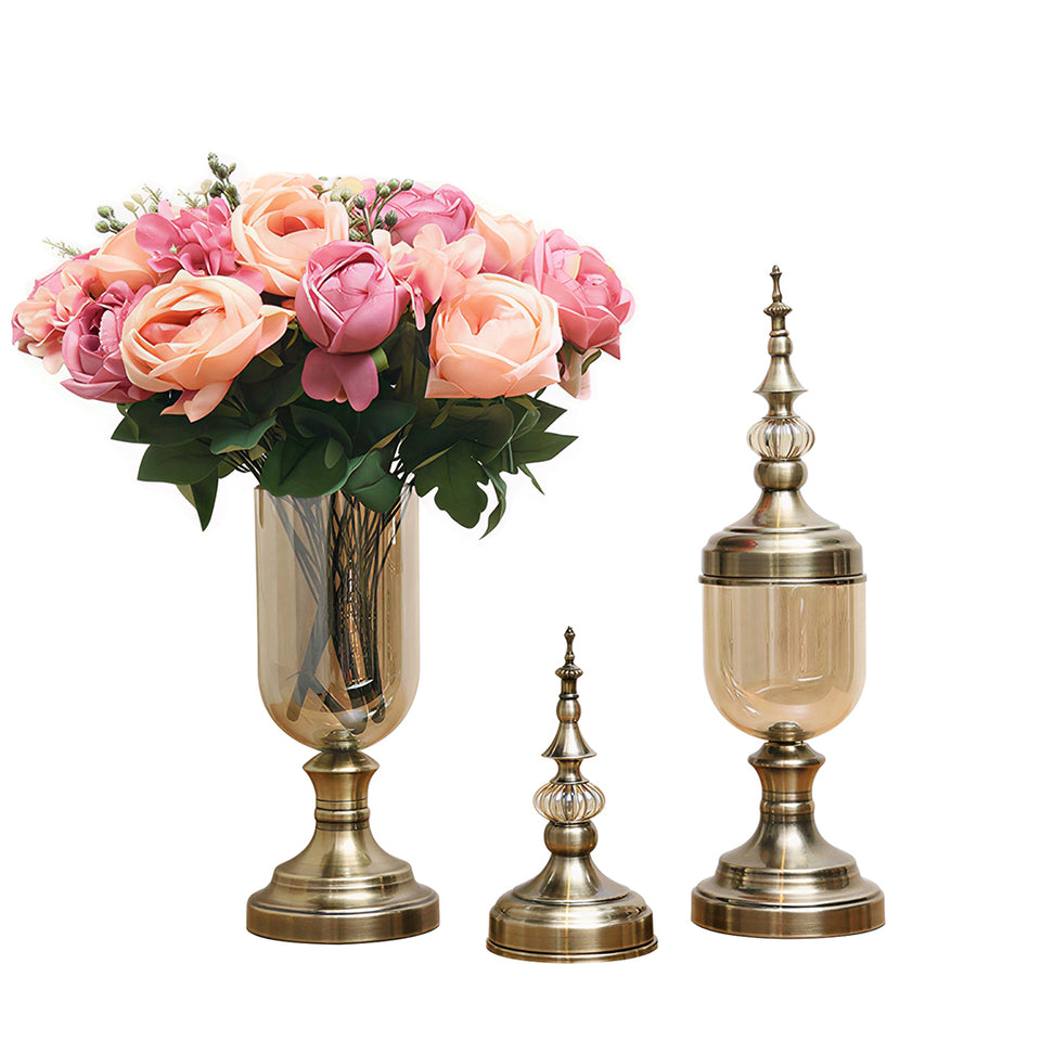 SOGA 2 x Clear Glass Flower Vase with Lid and Pink Flower Filler Vase Bronze Set