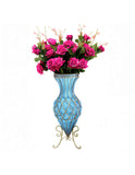 SOGA 67cm Blue Glass Tall Floor Vase and 12pcs Dark Pink Artificial Fake Flower Set