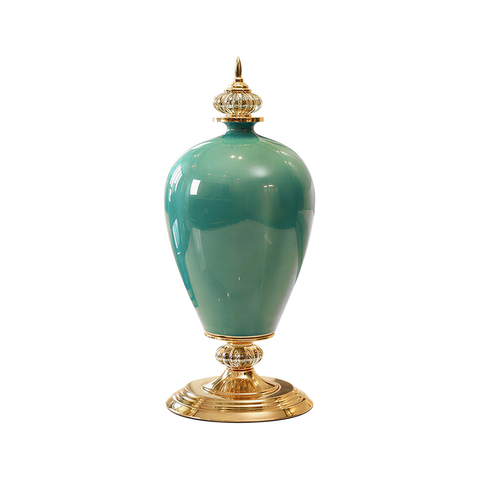 SOGA 42cm Ceramic Oval Flower Vase with Gold Metal Base Green