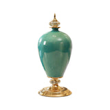 SOGA 42cm Ceramic Oval Flower Vase with Gold Metal Base Green