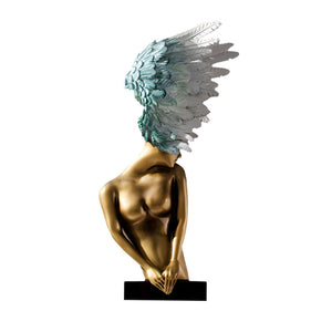 SOGA 86cm Modern Gold Bronze Winged Figure Sculpture with Artificial Marble Base for Home Decor