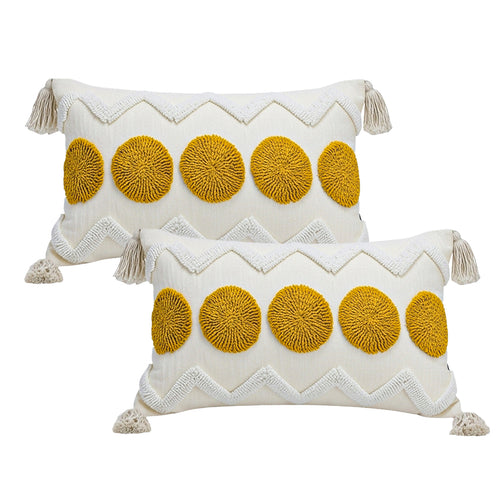 SOGA 2X 30cm Cream Yellow Circle Pom Chevron Tassel Decorative Pillow