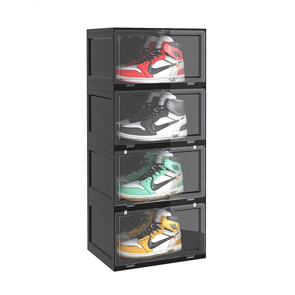 SOGA 4 Tier Black Portable Shoe Organiser Sneaker Footwear Folding Plastic Bin Stackable Storage Box with Magnetic Door