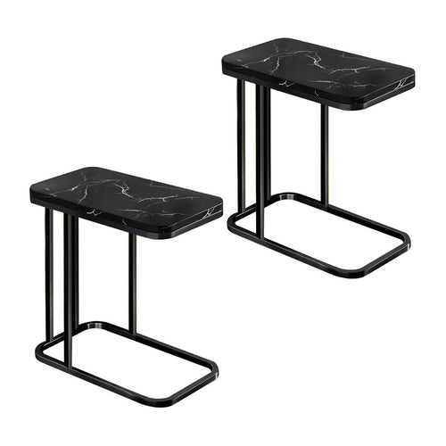SOGA 2X 30x50cm Black Stone-Patterned Side Table with Black Metal Legs