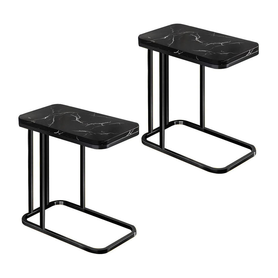 SOGA 2X 30x50cm Black Stone-Patterned Side Table with Black Metal Legs