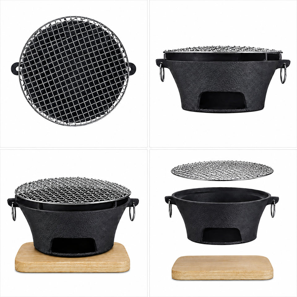 SOGA Large Cast Iron Round Stove Charcoal Table Net Grill Japanese Style BBQ Picnic Camping with Wooden Board