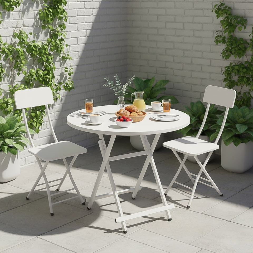 SOGA Home & Living Bundle – White Folding Dining Table & 2 Foldable Chairs for Home Decor