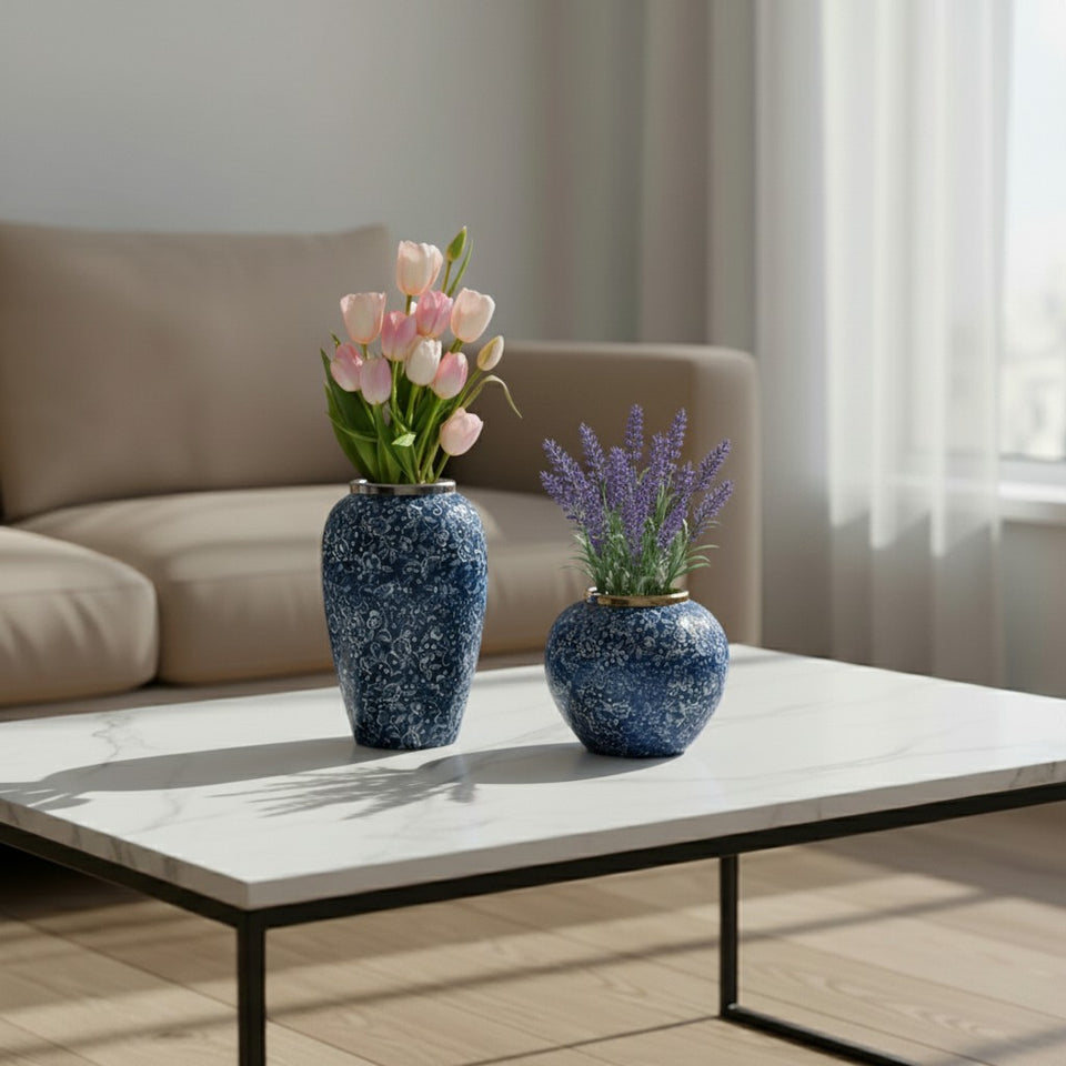 SOGA Home & Living Bundle – Blue with White Mini Floral Ceramic Vases for Elegant Home Decor