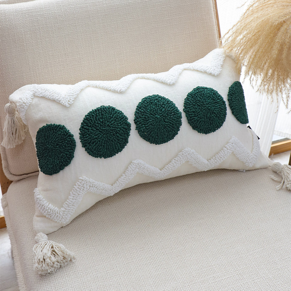 SOGA 30cm Cream Green Circle Pom Chevron Tassel Decorative Pillow