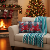 SOGA Christmas Bundle – 2 Multicolor Plaid Antler Pillow & Blue Zigzag Knitted Throw Blanket