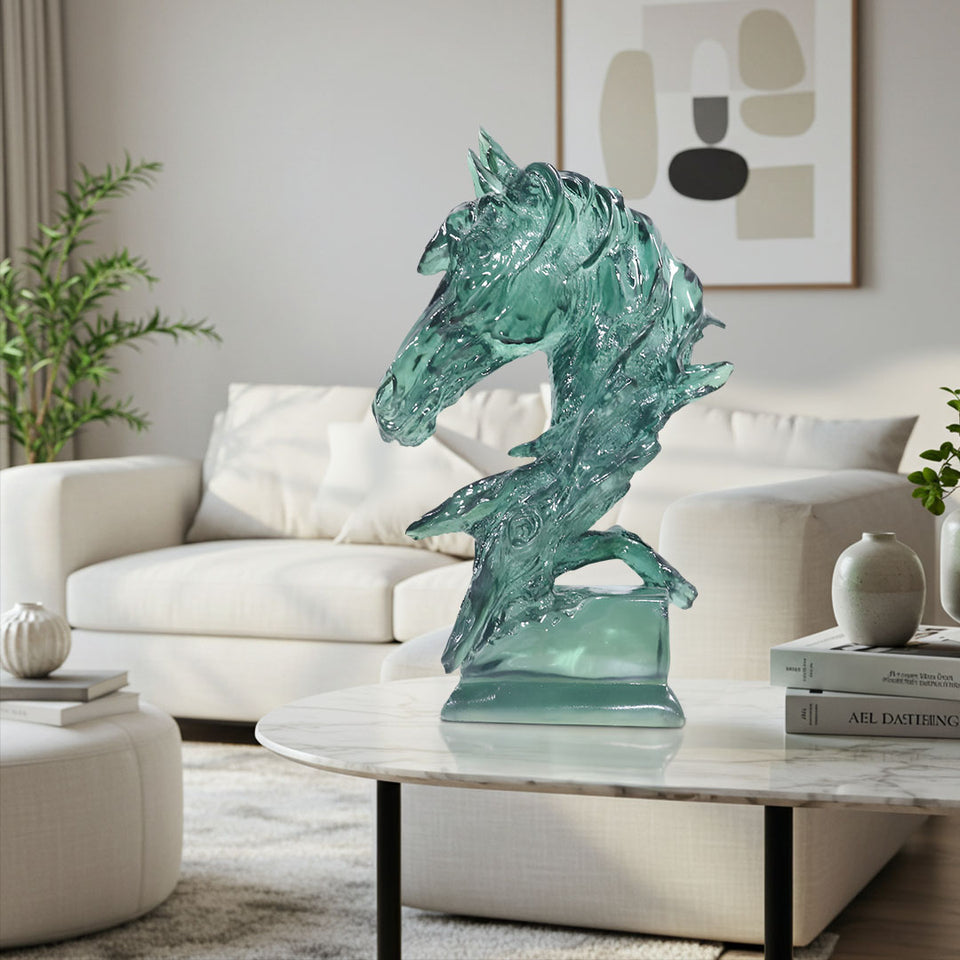 SOGA 37cm Green Horse Head Resin Sculpture Flowing Mane Design Modern Art for Home Decor