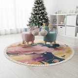 SOGA Home & Living Bundle – Pink & Green Deer Children’s Ottomans & Sky Clouds Round Rug