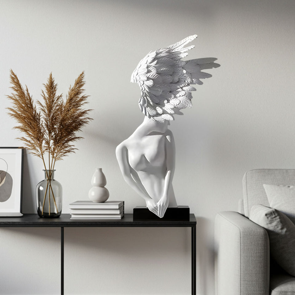 SOGA 86cm Modern White Winged Figure Sculpture with Artificial Marble Base for Home Decor