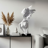 SOGA 86cm Modern White Winged Figure Sculpture with Artificial Marble Base for Home Decor