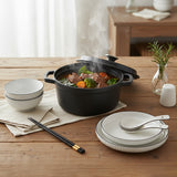 SOGA Kitchenware Bundle – White Japanese Ceramic Dinnerware Set & Black Cast Iron Stewpot