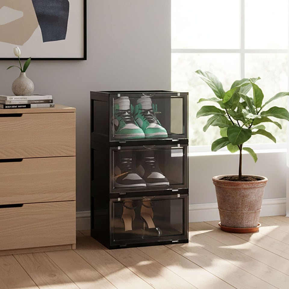 SOGA 2X 3 Tier Black Portable Shoe Organiser Sneaker Footwear Folding Plastic Bin Stackable Storage Box with Magnetic Door