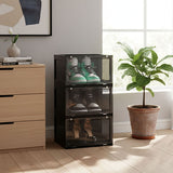 SOGA 2X 3 Tier Black Portable Shoe Organiser Sneaker Footwear Folding Plastic Bin Stackable Storage Box with Magnetic Door