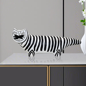 SOGA 47cm Elongated Black and White Striped Cat Resin Sculpture for Modern Home Decor