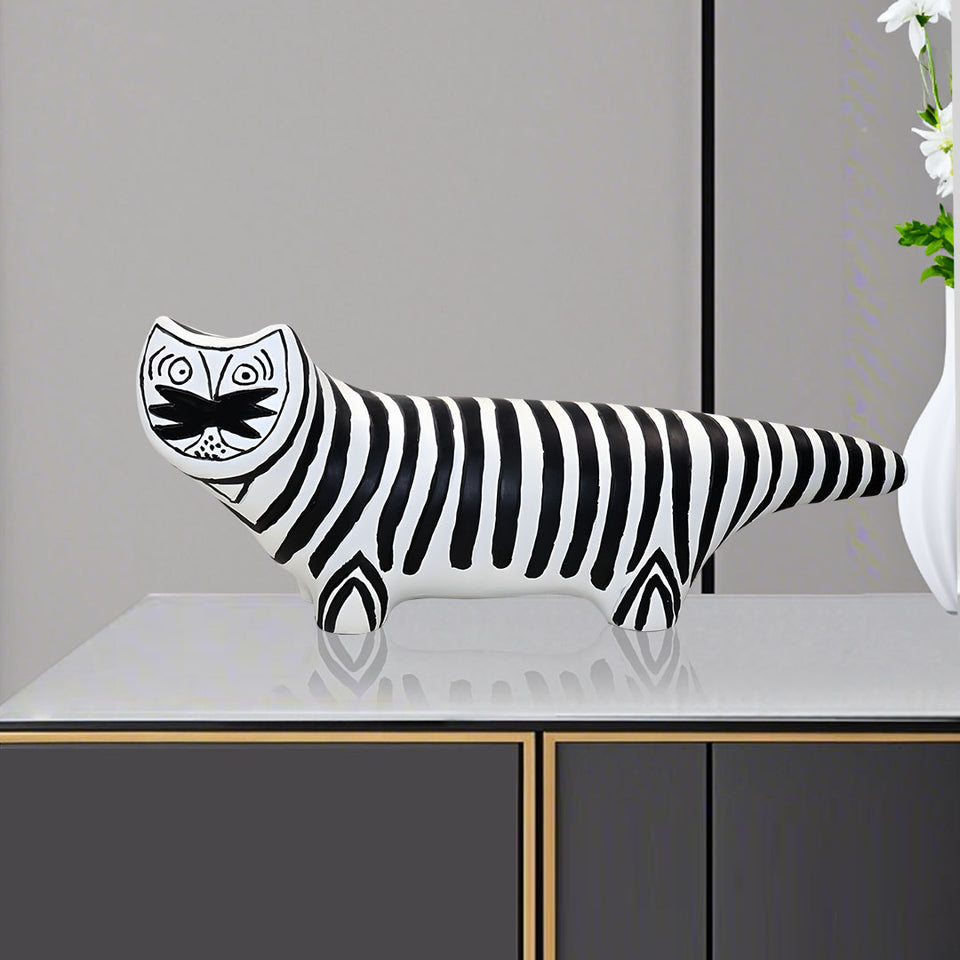 SOGA 47cm Elongated Black and White Striped Cat Resin Sculpture for Modern Home Decor