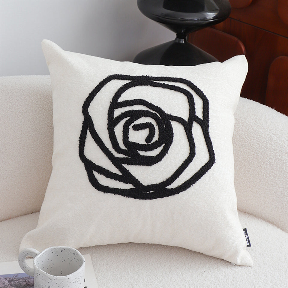 SOGA 2X Embroidered Cushion 45cm White Black Rose Flower Pattern Decorative Throw Pillow