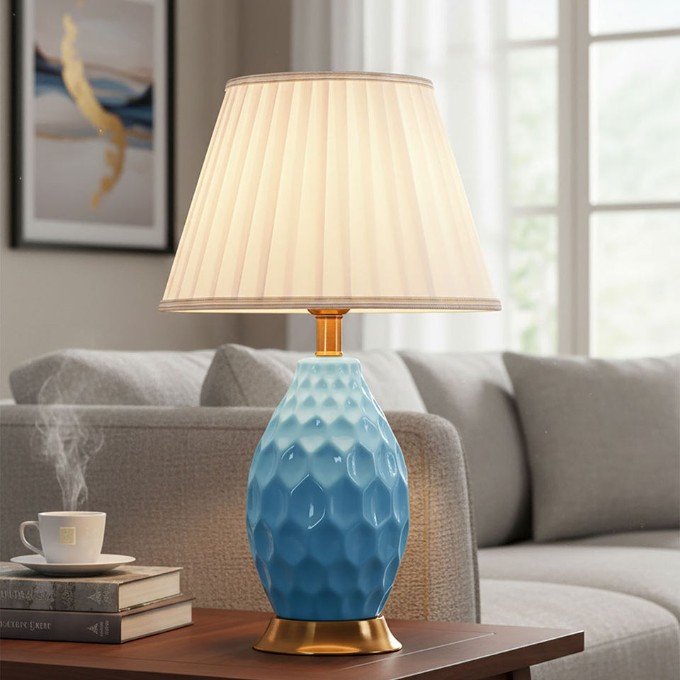 SOGA 2X Textured Ceramic Oval Table Lamp with Gold Metal Base Blue