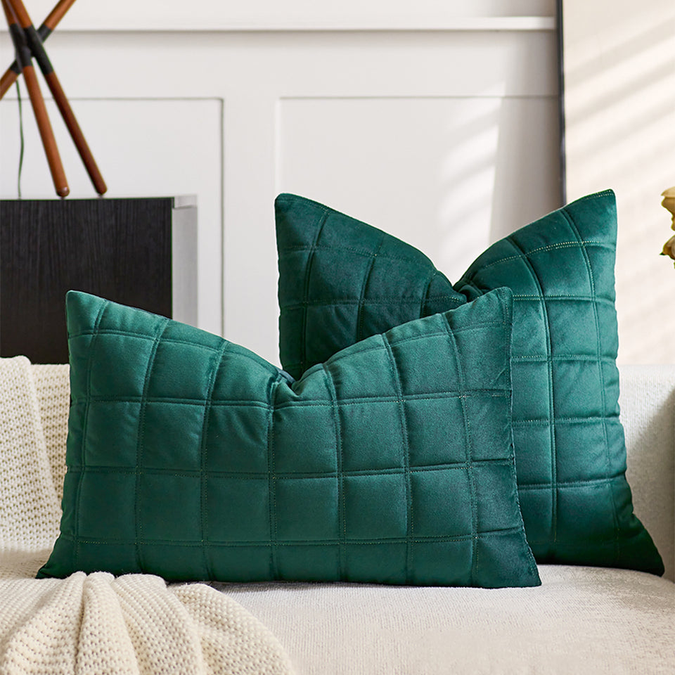 SOGA 2X 30cm Green Velvet Quilted Grid Pattern Decorative Throw Pillow