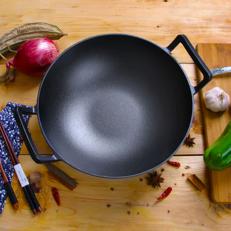 SOGA 2X 32cm Commercial Cast Iron Wok FryPan with Wooden Lid Fry Pan