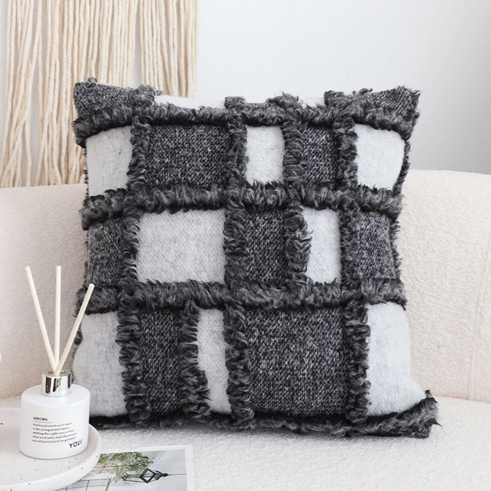 SOGA 50cm Bohemian Gray Fringe Checkerboard Textured Throw Pillow