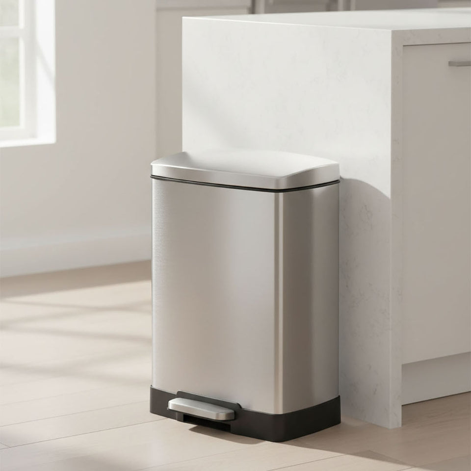 SOGA Foot Pedal Stainless Steel Rubbish Recycling Garbage Waste Trash Bin Rectangular Shape 12L Silver