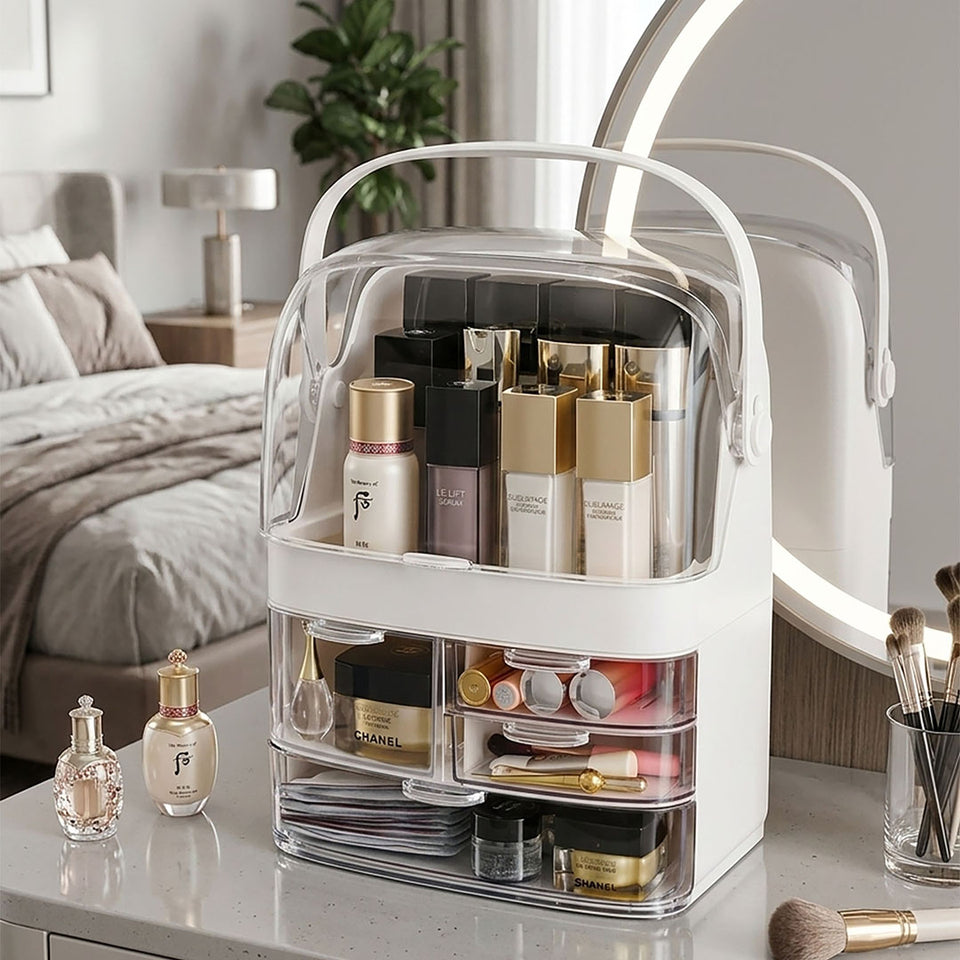 SOGA 3 Tier White Countertop Makeup Cosmetic Storage Organiser Skincare Holder Jewelry Storage Box with Handle