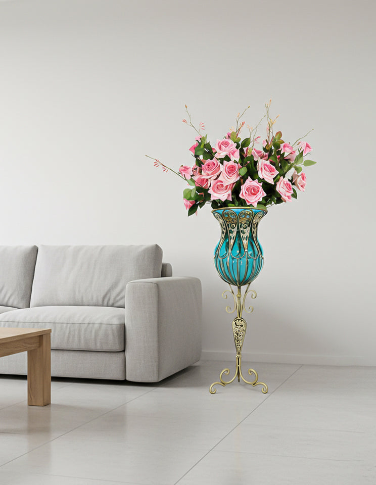 SOGA 85cm Blue Glass Tall Floor Vase and 12pcs Pink Artificial Fake Flower Set
