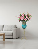 SOGA 85cm Blue Glass Tall Floor Vase and 12pcs Pink Artificial Fake Flower Set