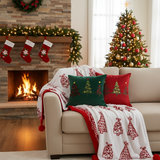 SOGA Christmas Bundle – Green & Burgundy Embroidered Tree Pillows & Red Holiday Throw Blanket