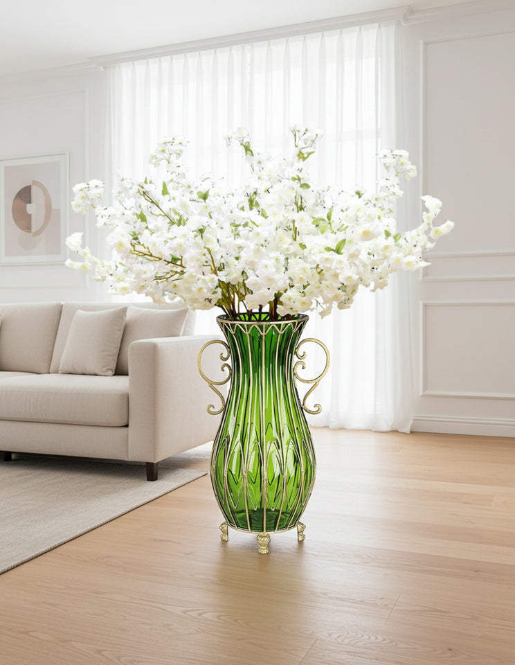SOGA 51cm Green Glass Tall Floor Vase and 10pcs White Artificial Fake Flower Set